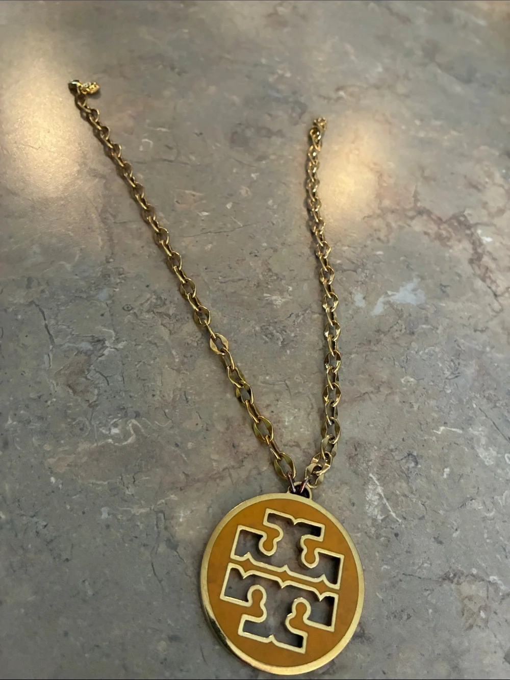 Tory Burch Gold-Tone Pendant Necklace with Yellow Enamel Logo